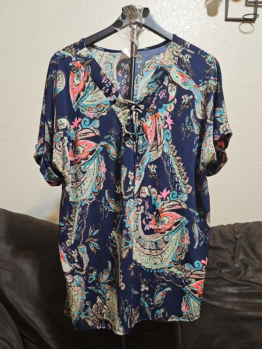 Sew In Love Navy Paisley Tie-Front Tunic with Turquoise & Coral Accents